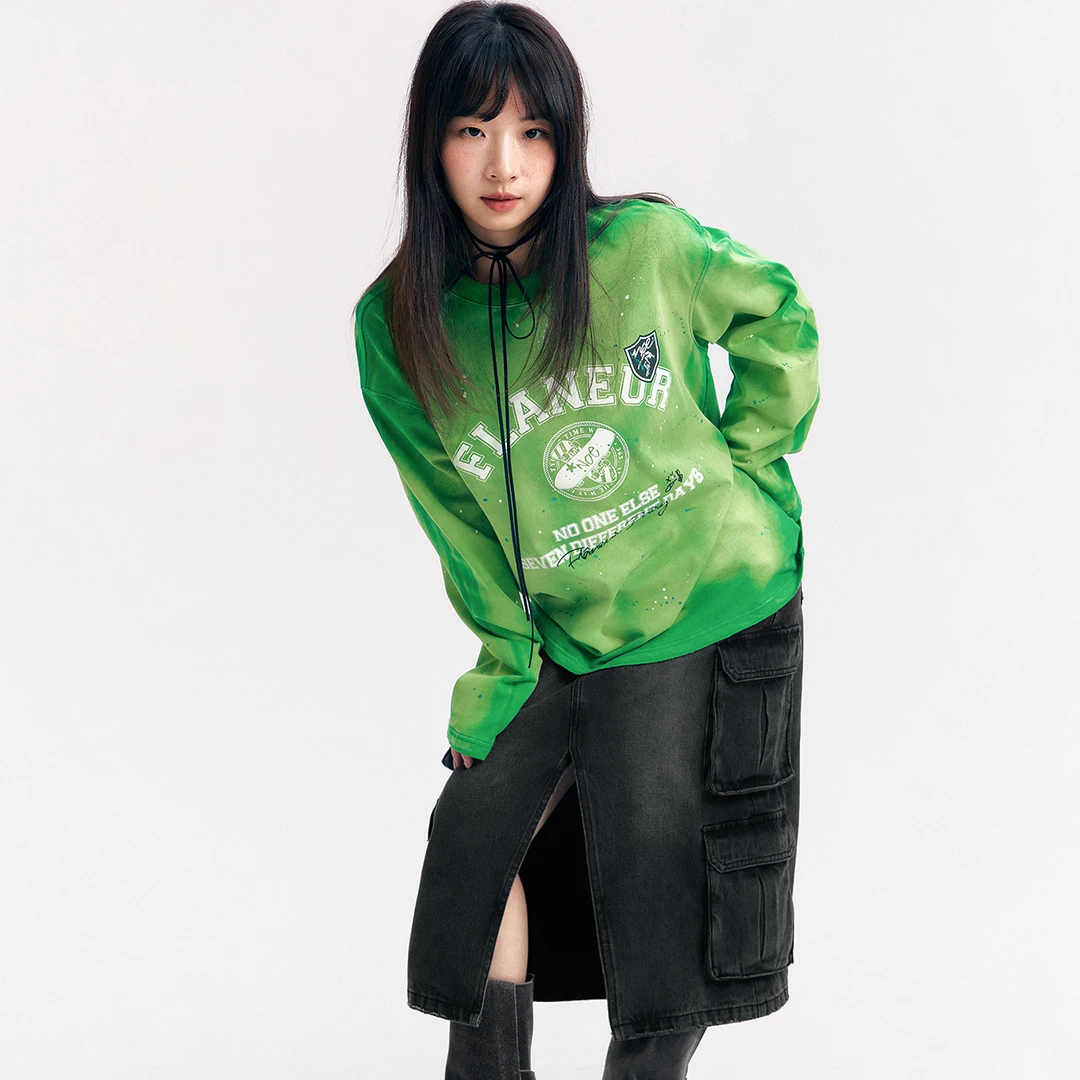 NO ONE ELSE美式复古女装夏季字母圆领宽松长袖上衣扎染漆点T恤