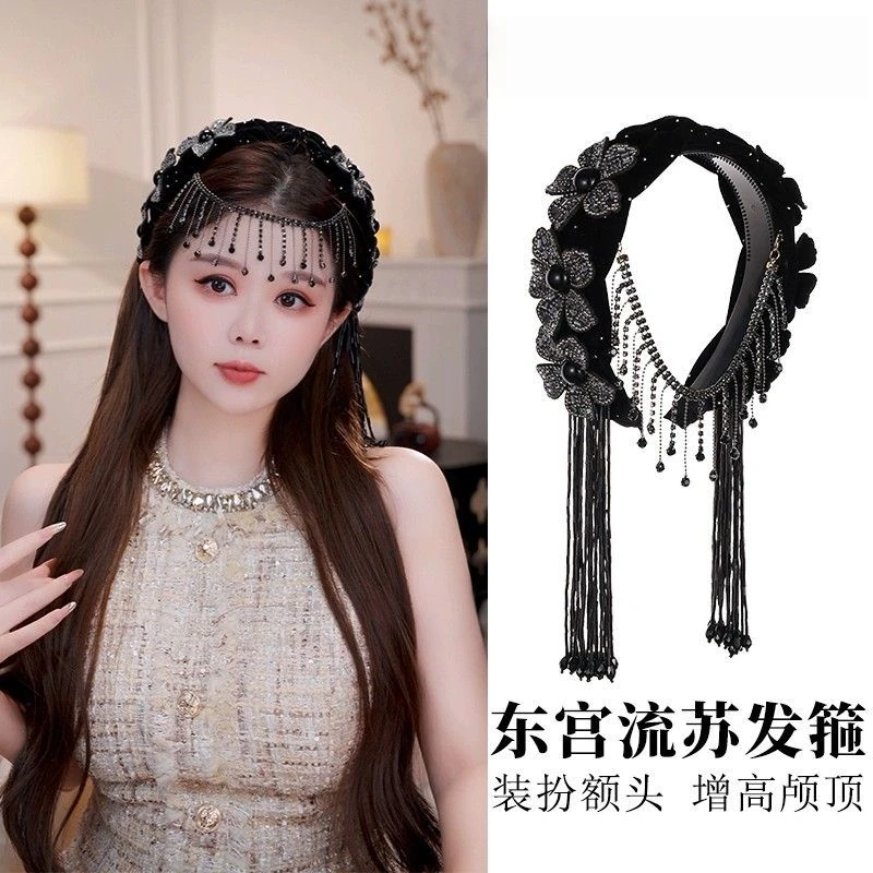 东宫发箍宽边遮发缝立体花朵编织丝绒发饰流苏闪钻异域风情压发箍