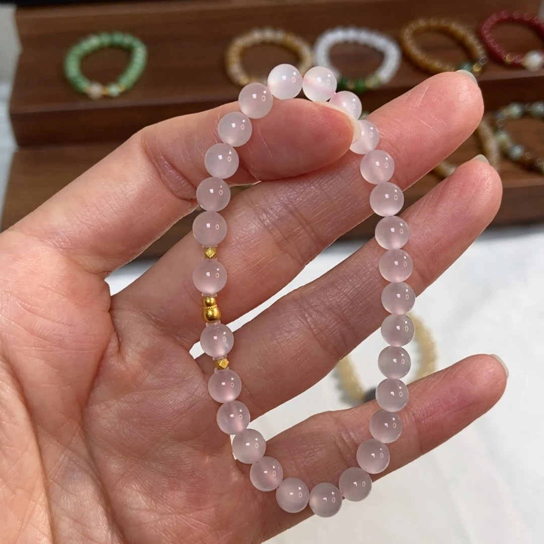 和田玉18K金镶嵌手链5.8mm高冰猫藕粉精品