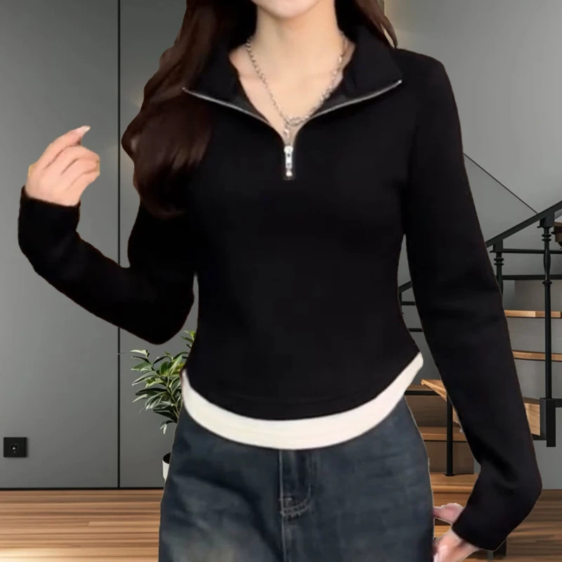 大码休闲运动风半拉链撞色假两件长袖t恤女秋冬百搭遮肉气质卫衣