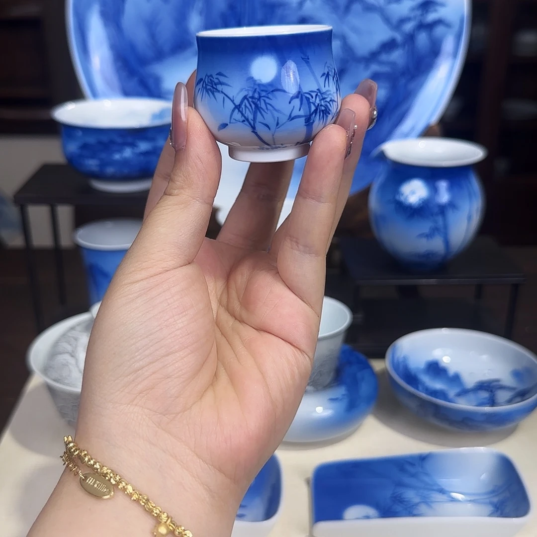青花夜景竹子杯杯