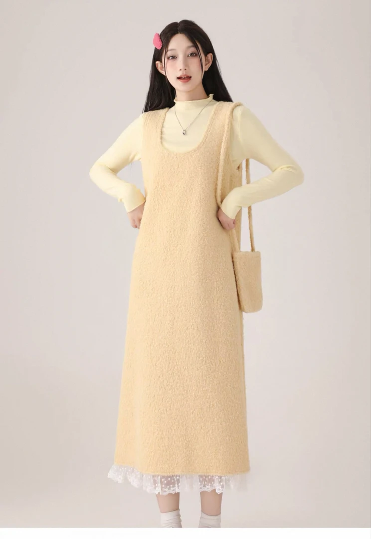 新品现代简约纯色蕾丝拼接背心连衣裙搭配内搭甜美套装配包三件套