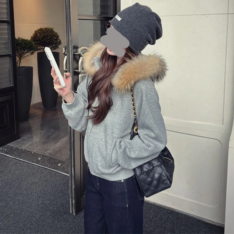 琥珀雪松~冬季保暖加绒加厚连帽毛领卫衣外套