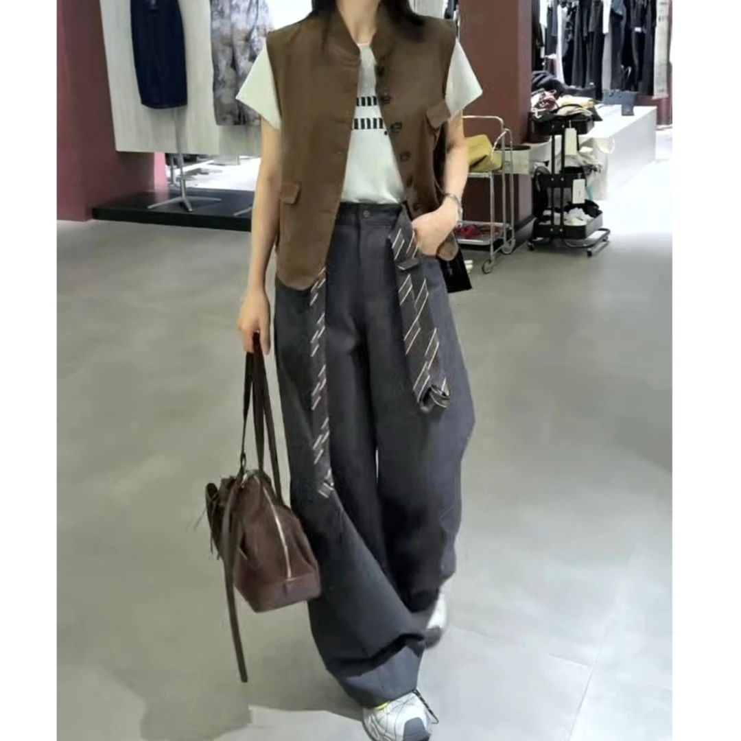 Y秋季新款高腰宽松阔腿马甲女休闲百搭显瘦带腰带长裤