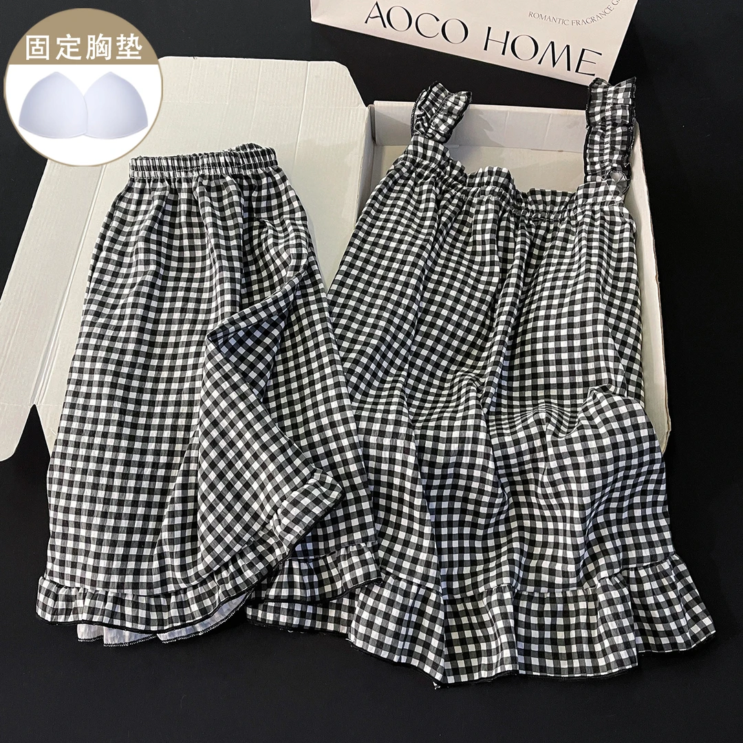 带胸垫睡衣女夏季新款黑白格子休闲吊带短裤甜美宽松家居服两件套
