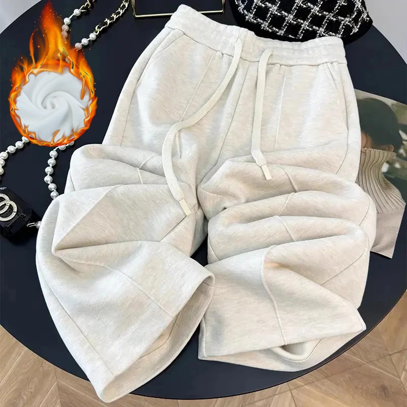 毛呢加绒阔腿裤子女2025年秋冬季新款女裤加厚窄版直筒休闲呢子裤