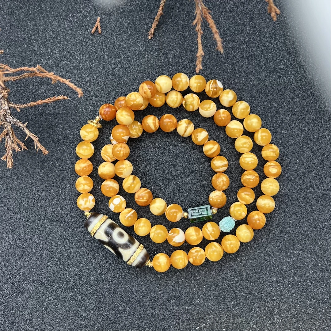 【润家原创】天然琥珀蜜蜡7mm+花蜡DIY设计款18K金三圈#6787