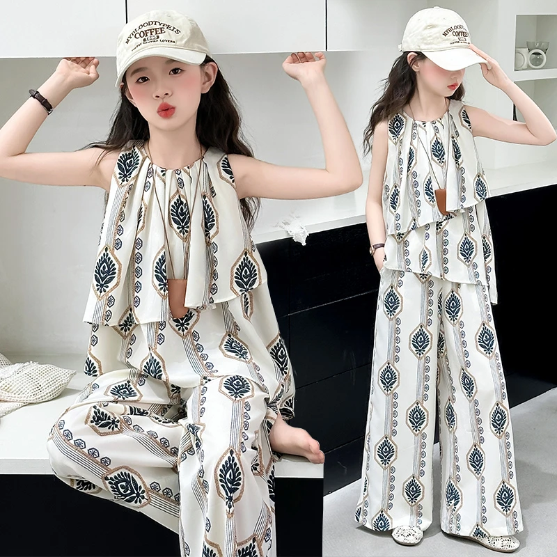 女童夏季时尚洋气民族风印花套装中大童2025新款夏装潮流清凉两件