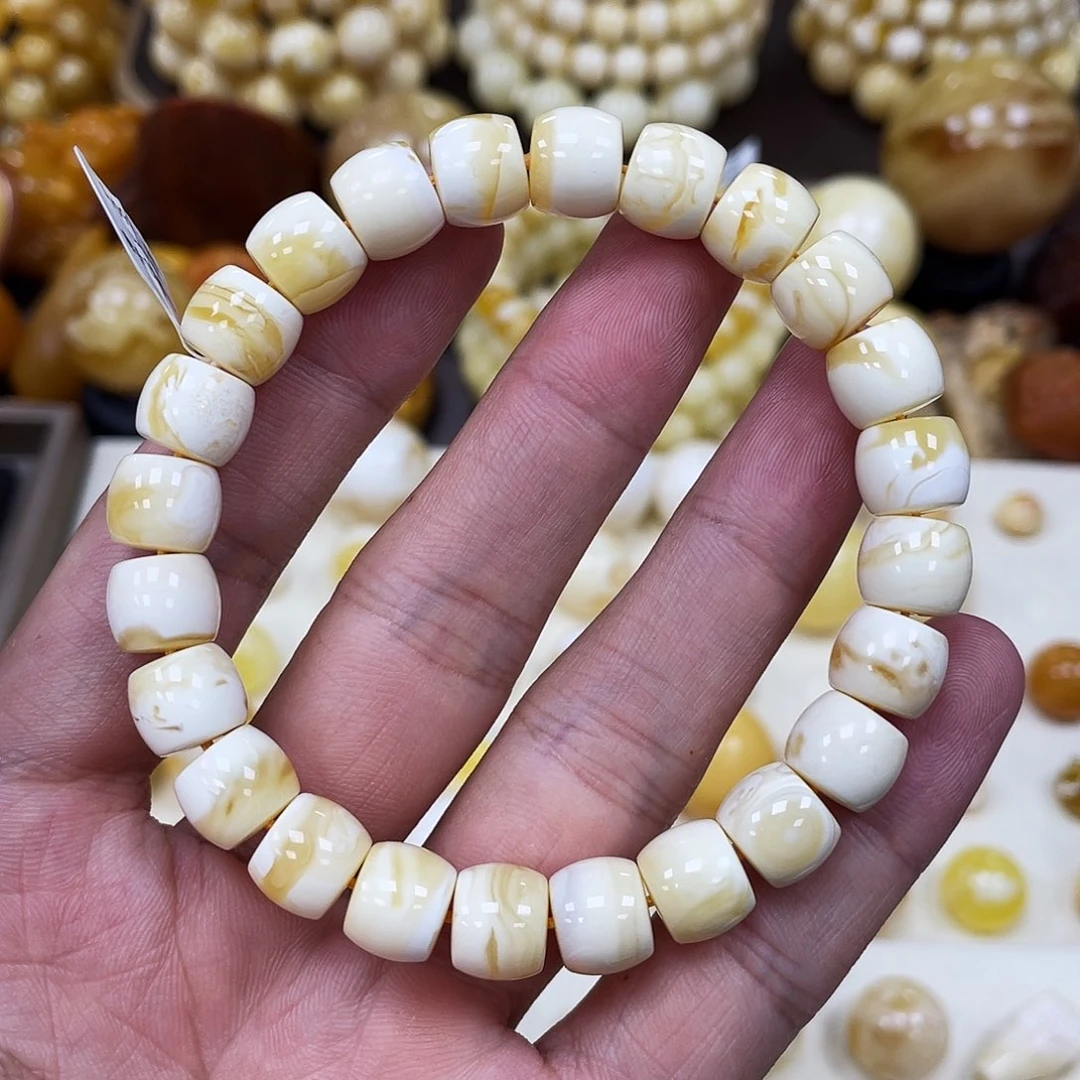 蜜蜡未镶嵌珠宝奇石10.0mm【石膏橘金瓷白】直切手串