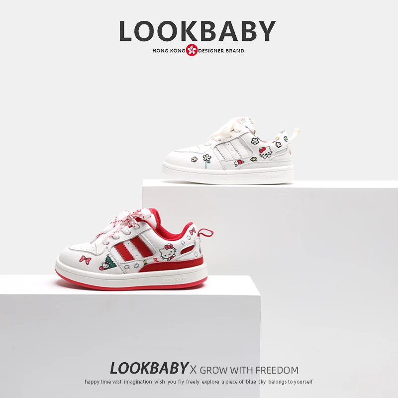 LOOKBABY童鞋加棉新年款真皮学生运动鞋女童亲子卡通板鞋3516