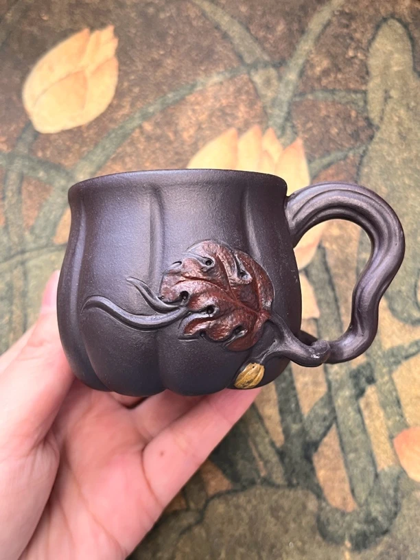 A168宜兴紫砂南瓜红泥主人杯手工把杯茶桌品茗杯150cc紫砂杯茶杯