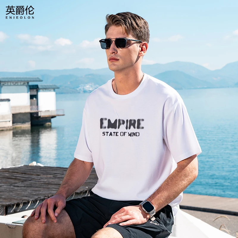 重磅长绒棉夏季短袖T恤男新款幻影字母印花宽松五分袖上衣TX114