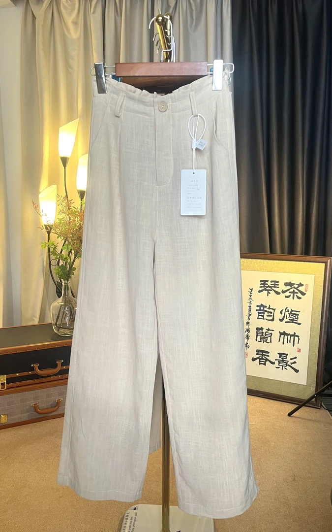 25春夏新款Y1高腰垂感亚麻时尚薄款显瘦女秋长裤花苞腰阔腿直筒裤