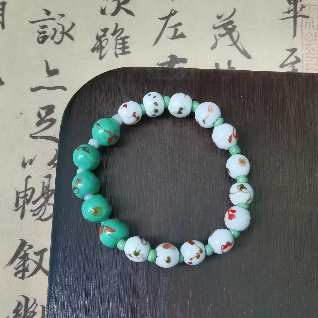 老琉璃复古百搭白绿色凤眼手串5021101