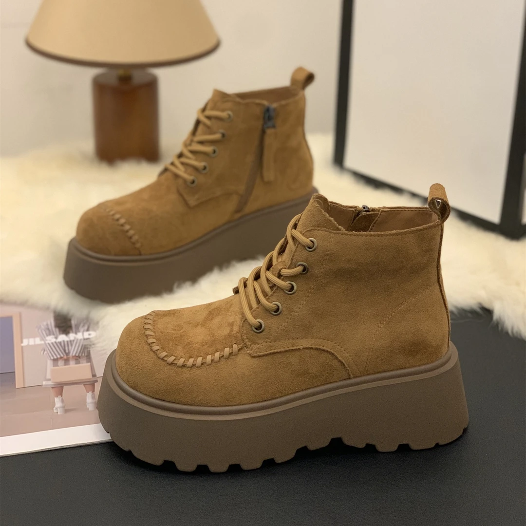 新款复古绒面马丁靴女2025秋冬时尚百搭显瘦增高6cm英伦风潮短靴