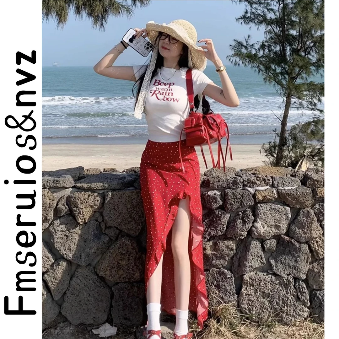 芙慕白色正肩t恤女短袖夏季圆领正肩修身字母印花设计感短款上衣