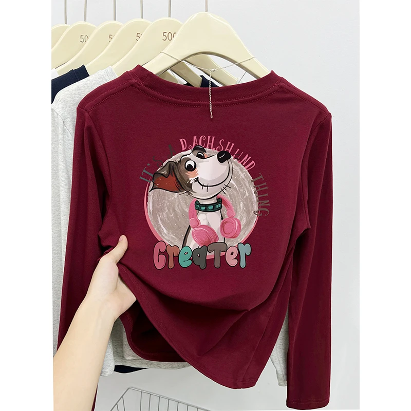 酒红色小狗印花长袖t恤女春季新款爆款韩版休闲洋气百搭打底衫潮
