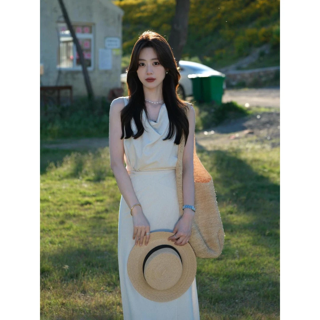 法式气质小香风白色荡领收腰长裙夏季漂亮大方得体超好看连衣裙女