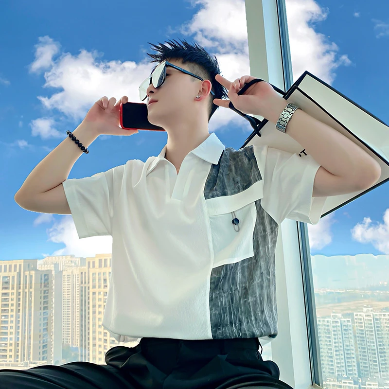 polo衫短袖男款爆款2025新款设计感痞帅个性拼接半袖潮牌男装t恤