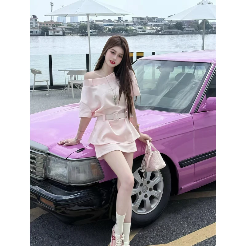 【十一家】原创（粉樱漫影）韩系休闲斜肩宽松T恤微宽半裙两件套E30