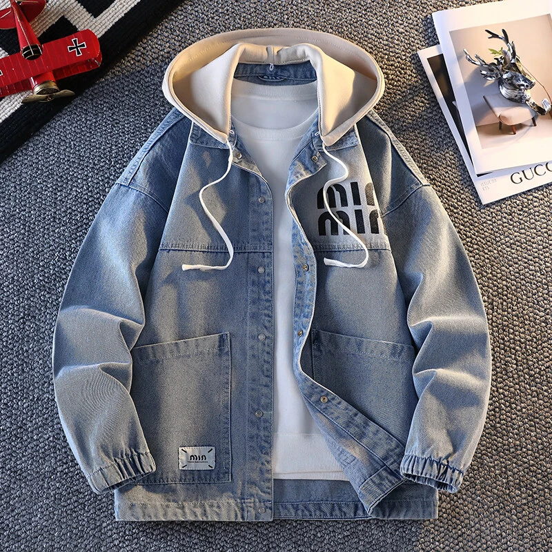 抗皱工装散口袖连帽潮流男士秋季牛仔免烫春秋季春季夹克休闲男装