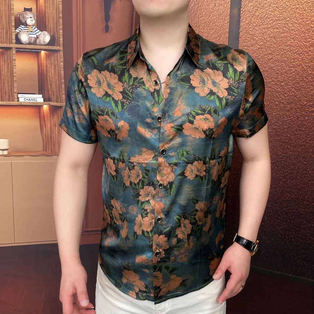 《碧罗繁花》2025夏衬衫时尚修身翻领休闲帅气个性男士百搭商务潮流