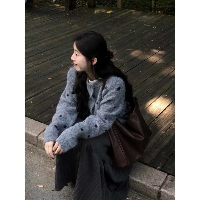 MARIE.COCO韩系穿搭灰色波点长袖针织毛衣外套女秋冬季百褶半身裙