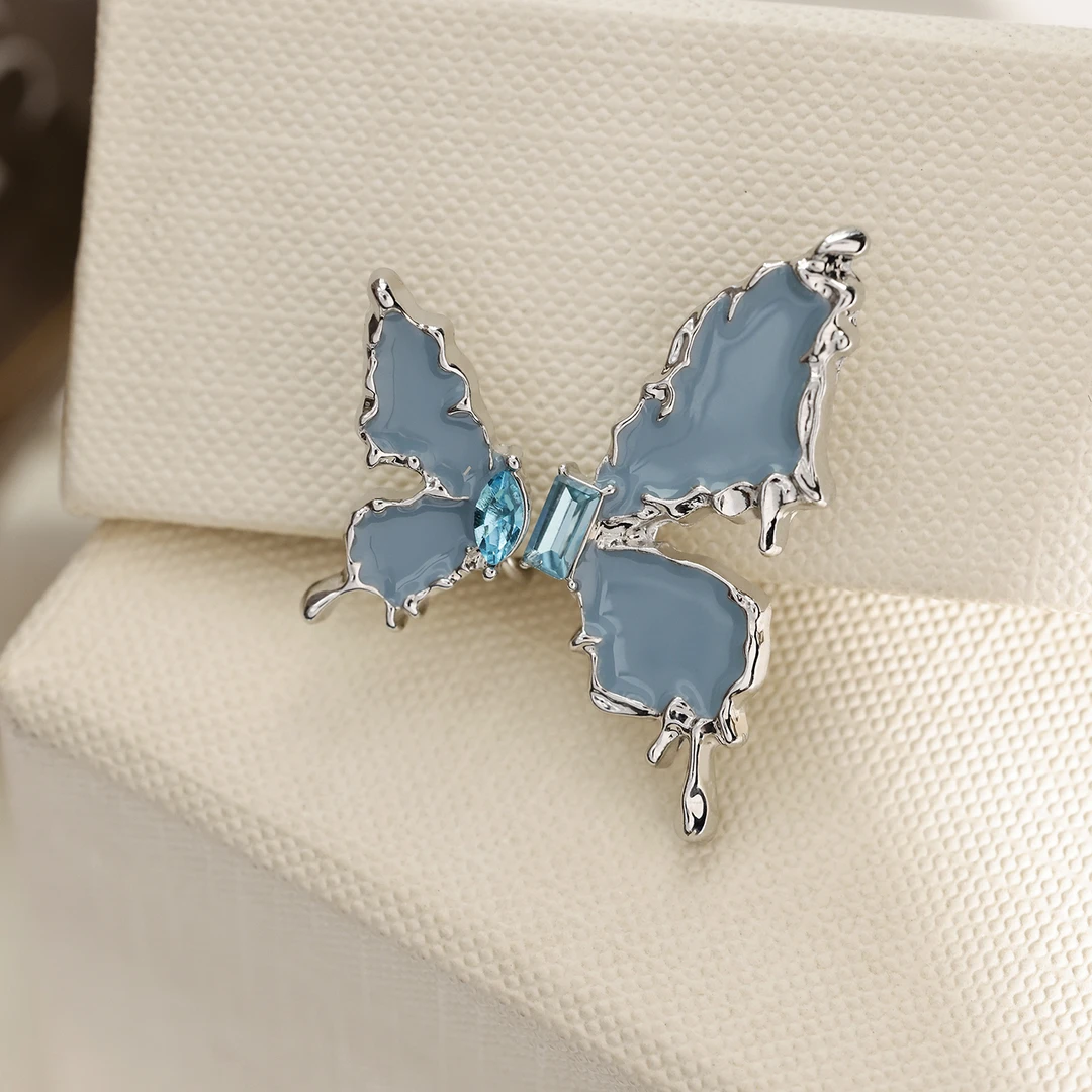 铜合金合成锆石耳饰 「蓝色蝴蝶」耳夹 可爱少女风小众迷你气质时尚