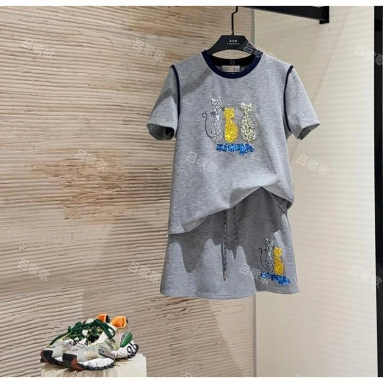 【44】2025夏季爆款轻奢趣味小猫气质显瘦套装JC-A3603