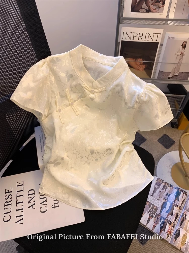 新中式蝴蝶提花盘扣短袖衬衫女夏款醋酸缎面国风改良旗袍领小上衣