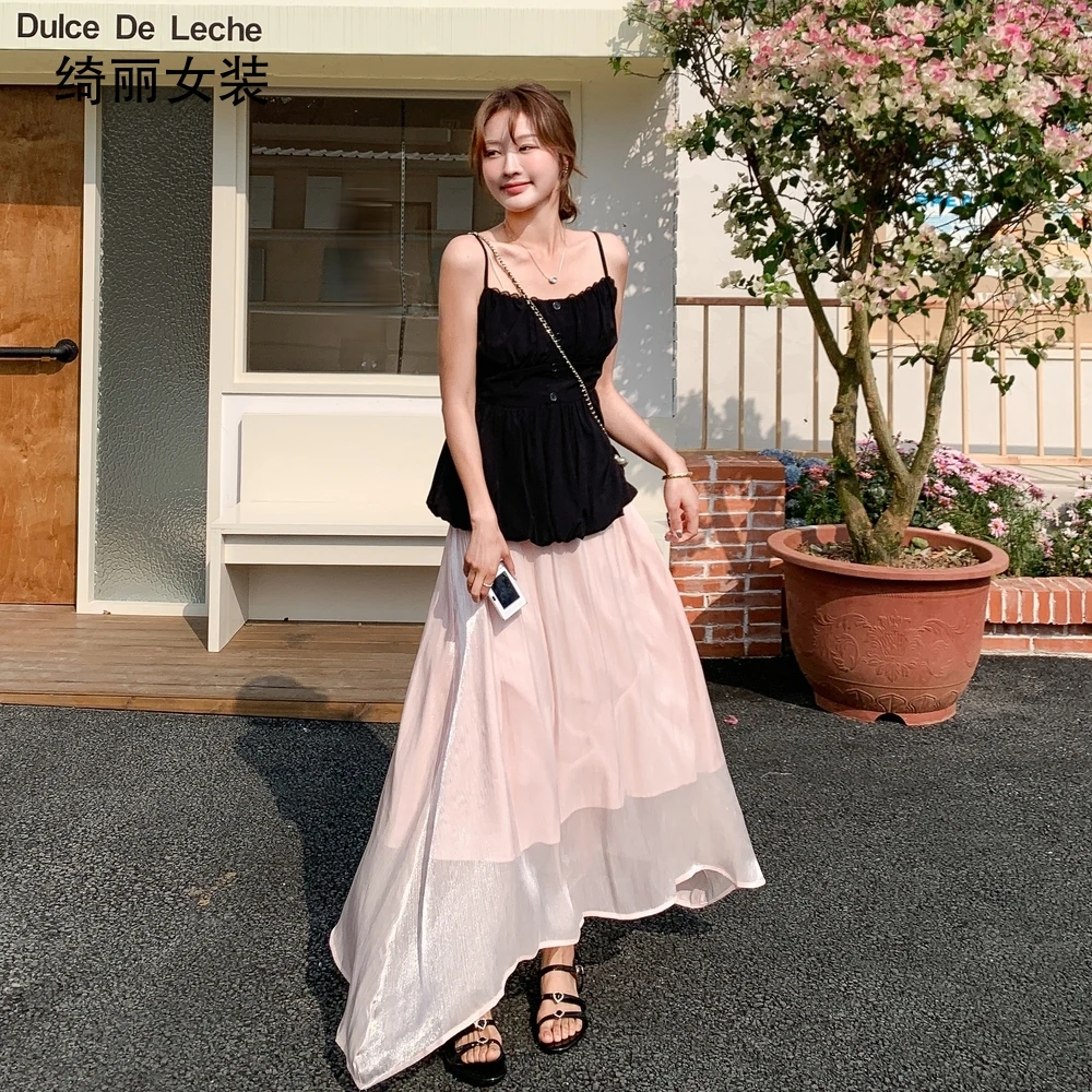 绮丽新款气质小众百褶两件套Q523夏季裙子套装吊带长裙黑色