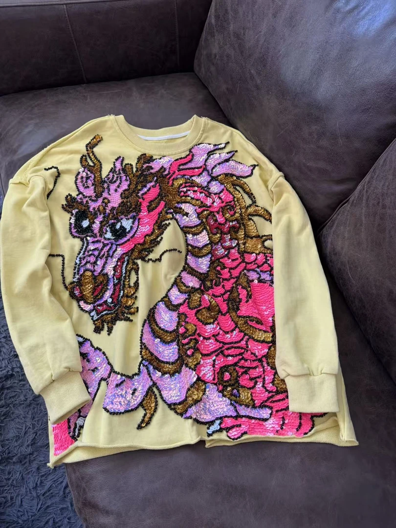 A930 长袖牛仔针织时尚休闲女士宽松圆领潮流印花设计师黄色衬衣