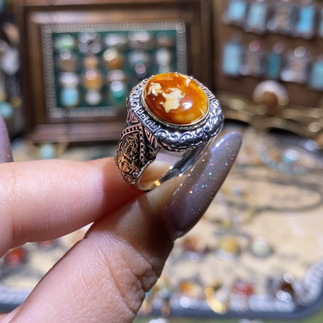 琥珀银S925镶嵌戒指戒指