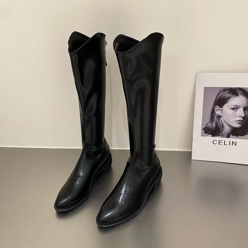 027长筒靴款小众尖头高筒靴白色骑士法式长靴春秋单靴子