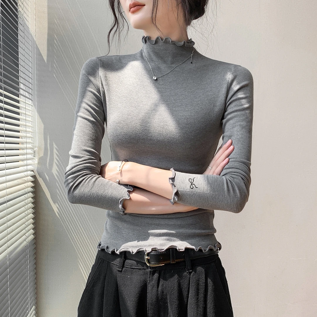 荷叶边半高领长袖T恤女秋季新款蝴蝶结刺绣内搭打底早秋高级上衣