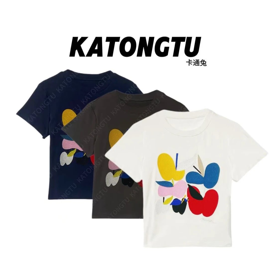 KATONGTU 【彩色苹果】25新款纯色立体刺绣百搭短袖T恤 DM2505074