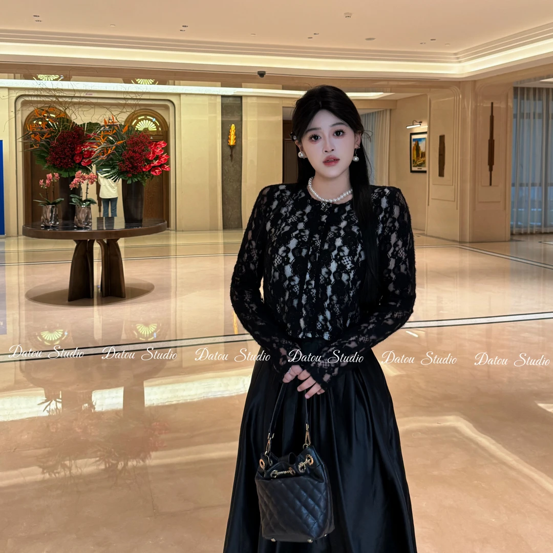 DATOO【暮夜】微胖大码法式气质黑色蕾丝上衣搭高腰A字半身裙套装