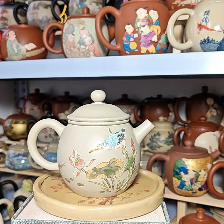 建水紫陶堆雕刻绘茶壶复烧