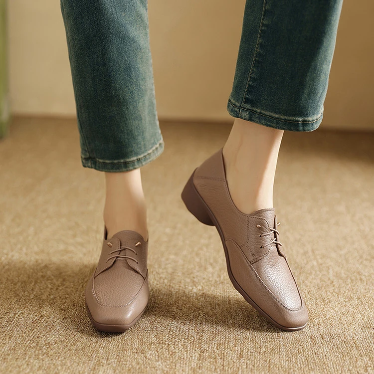 法式深口单鞋女2025年春秋圆头低跟粗跟乐福鞋真皮软底系带小皮鞋
