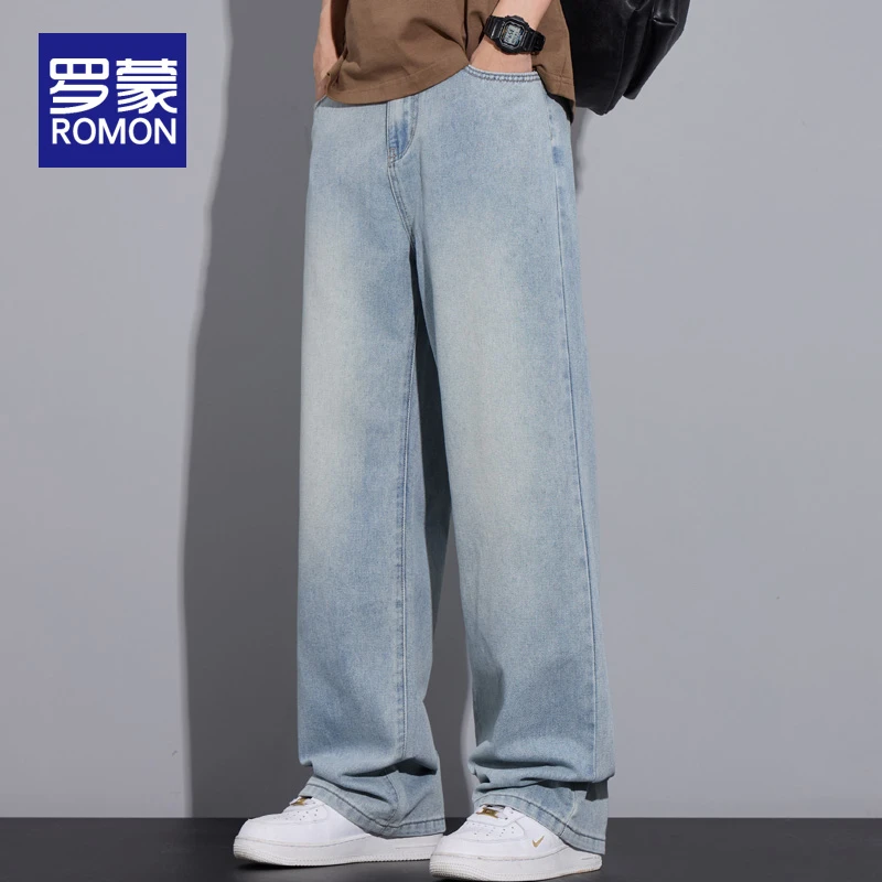 罗蒙夏季复古牛仔裤男款2025新款宽松直筒裤子男士弹力休闲阔腿裤
