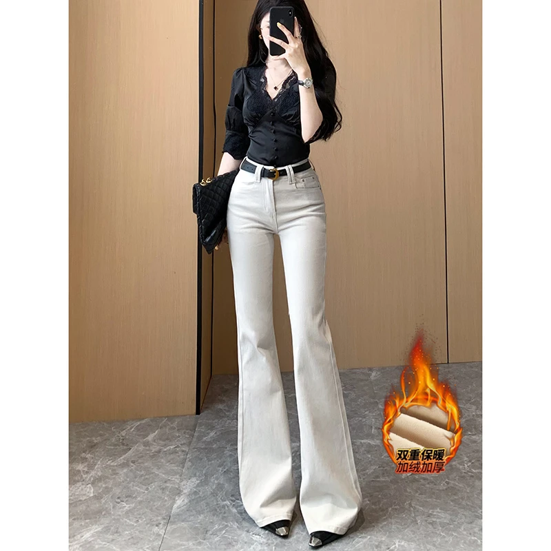 老钱灰净版加绒微喇牛仔裤女2025冬季新款高腰修身显瘦气质长裤