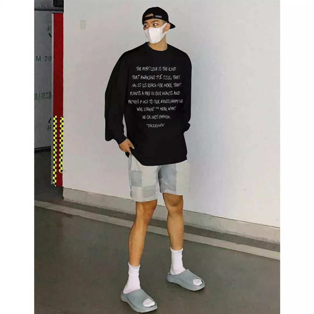 100%纯棉美式潮流简约字母印花长袖T恤男女秋季宽松休闲情侣上衣