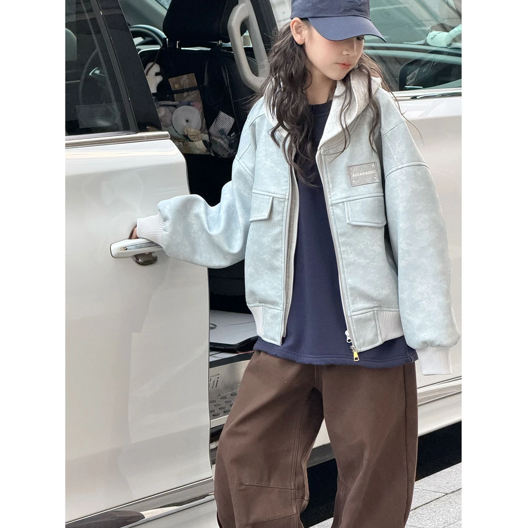 K30412孙小美做旧女童工装皮衣夹棉加厚夹克秋冬装新儿童短款外套