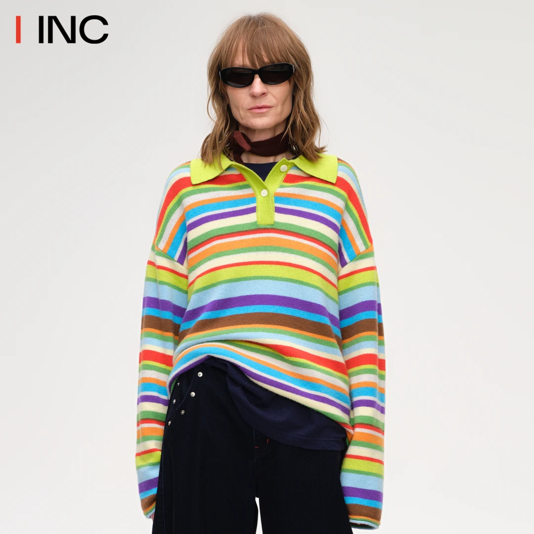 SHORT SENTENCE短句 彩虹条纹长袖针织POLO领上衣女25AW秋季IINC