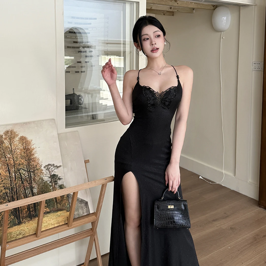 【午夜巴黎】纯欲黑蝴蝶吊带露背连衣裙法式御姐修身气质晚会礼服裙