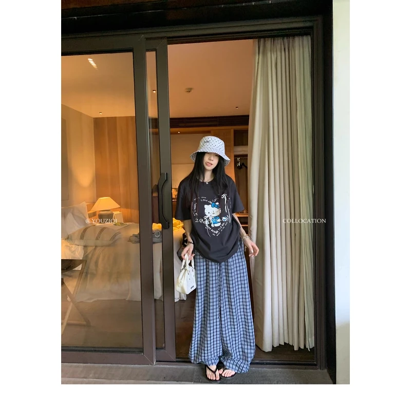 灰色短袖t恤猫咪上衣+蓝色格子休闲裤夏季薄款垂感拖地裤慵懒风