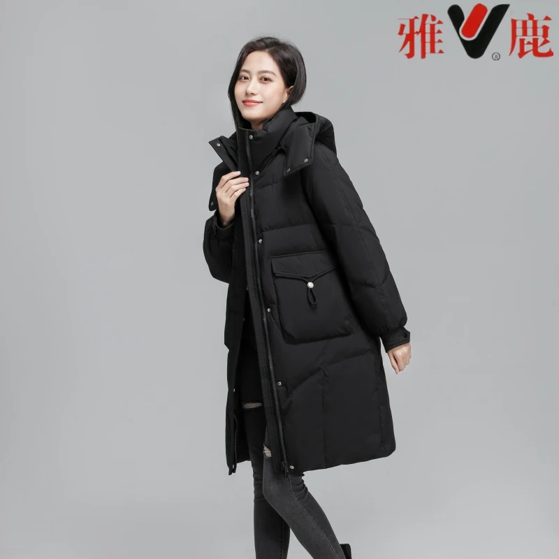 V/雅鹿【清仓90白鸭绒】9912款中长款帽子可拆90%白鸭绒羽绒服宽松