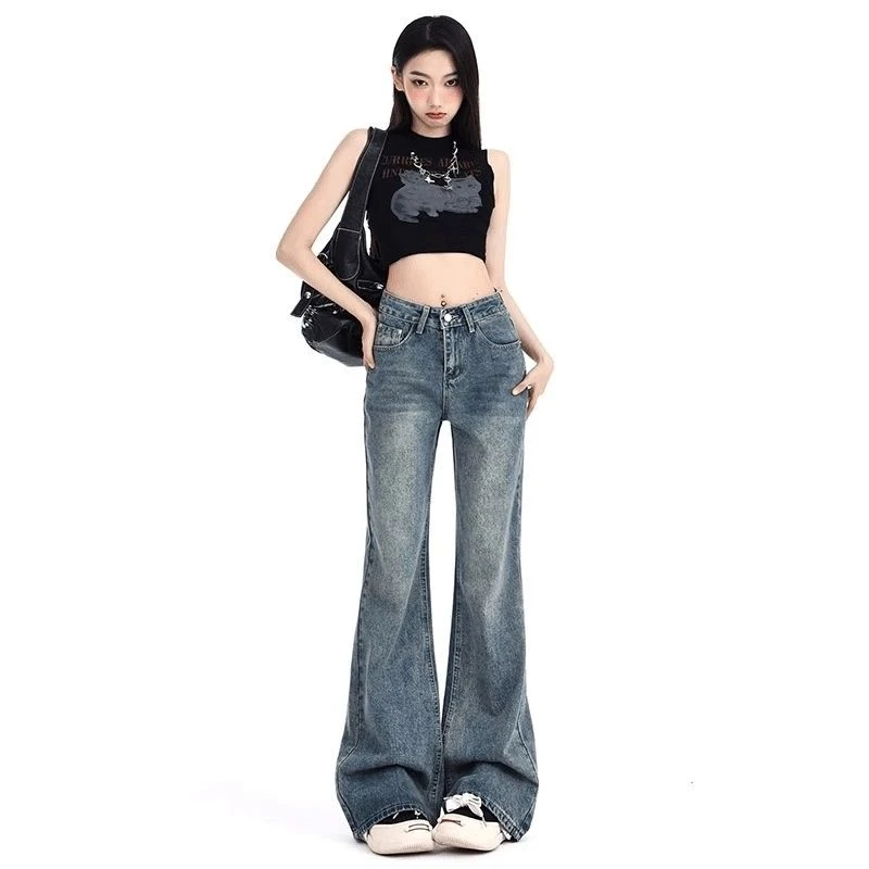 高个子加长版美式复古微喇牛仔裤女夏季高腰显瘦不贴腿拖地阔腿裤