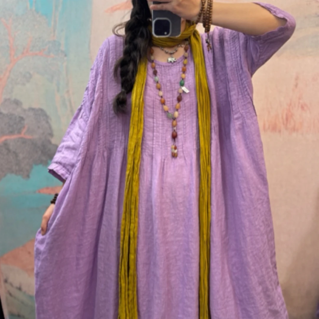 9035薄高端亚麻 夏季 超薄风琴褶 舒服 凉快大摆仙气唯美连衣裙