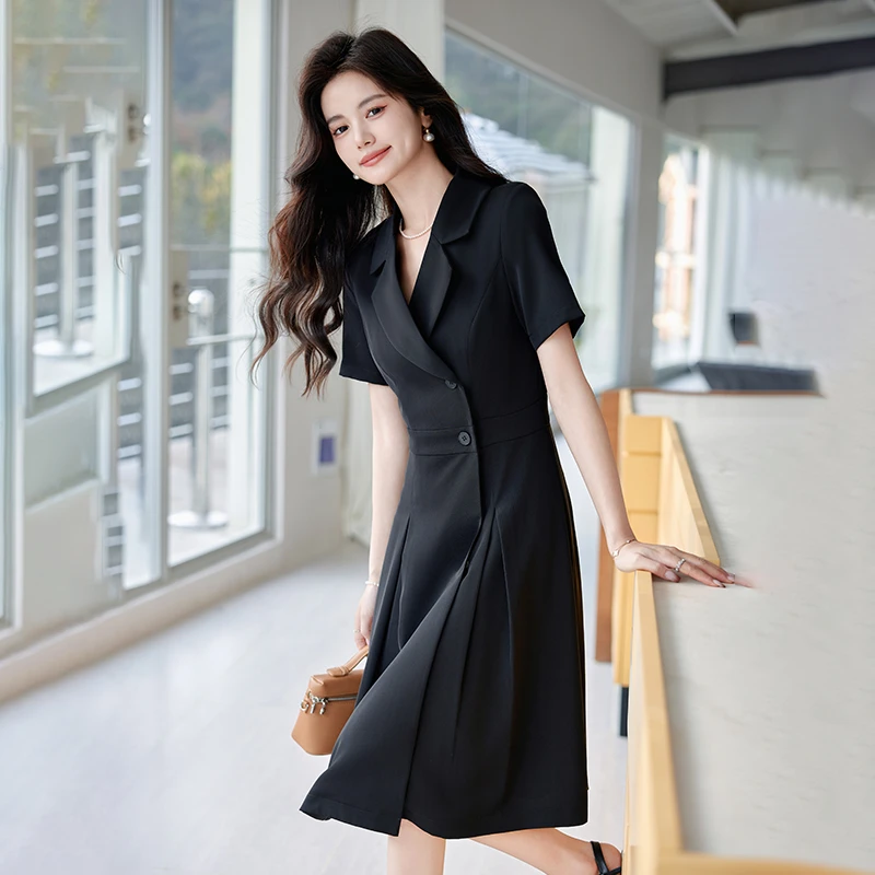 黑色西装连衣裙女夏季2025新款气质高级职业短袖百褶裙小个子收腰